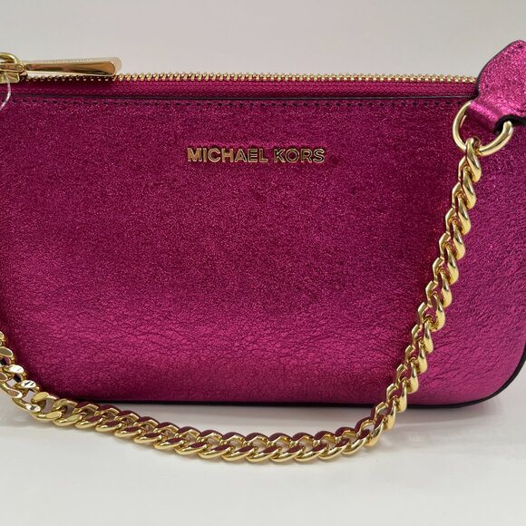 Michael Kors Ultra Pink Sparkly Leather Pouchette Bag W/ Gold Chain - NWT - Picture 6 of 10